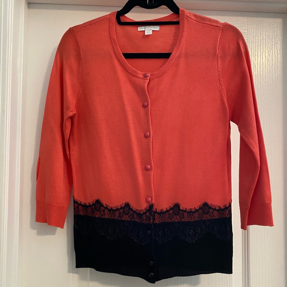 Coral and black NY & Co. cardigan with lace detail
